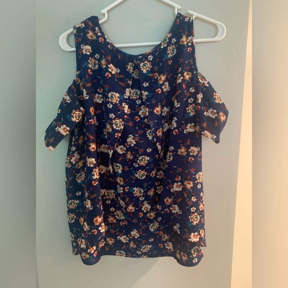 Meraki Blue Floral Cold Shoulder Blouse M